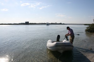 Parking the dinghy, Fort Matanzas and Carina in the background