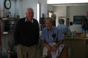 Ian with Mr Robert Mitchell in his barber's shop, Columbia, NC
